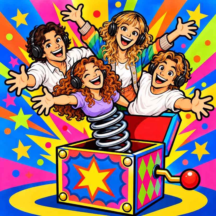 Cartoon of The Shellies bursting out of a jack-in-the-box for Never Never