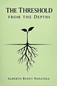 The Threshold From The Depths by Alberto Benet Noguera book cover, a black seedling with deep roots below a horizon line on a soft green background