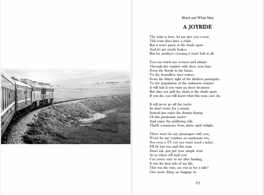 Train on a curving track beside the poem A Joyride from Black And White Man by Hirakjyoti Deka