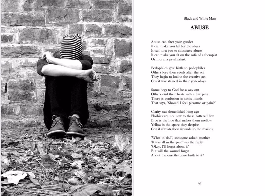 Hooded figure sitting against a stone wall beside the poem Abuse from Black And White Man by Hirakjyoti Deka