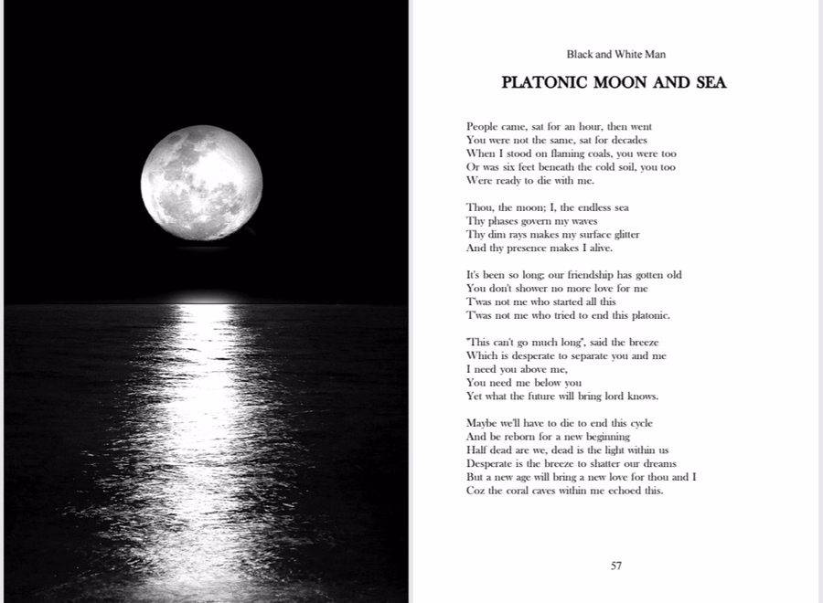 Full moon over a dark sea beside the poem Platonic Moon and Sea from Black And White Man by Hirakjyoti Deka