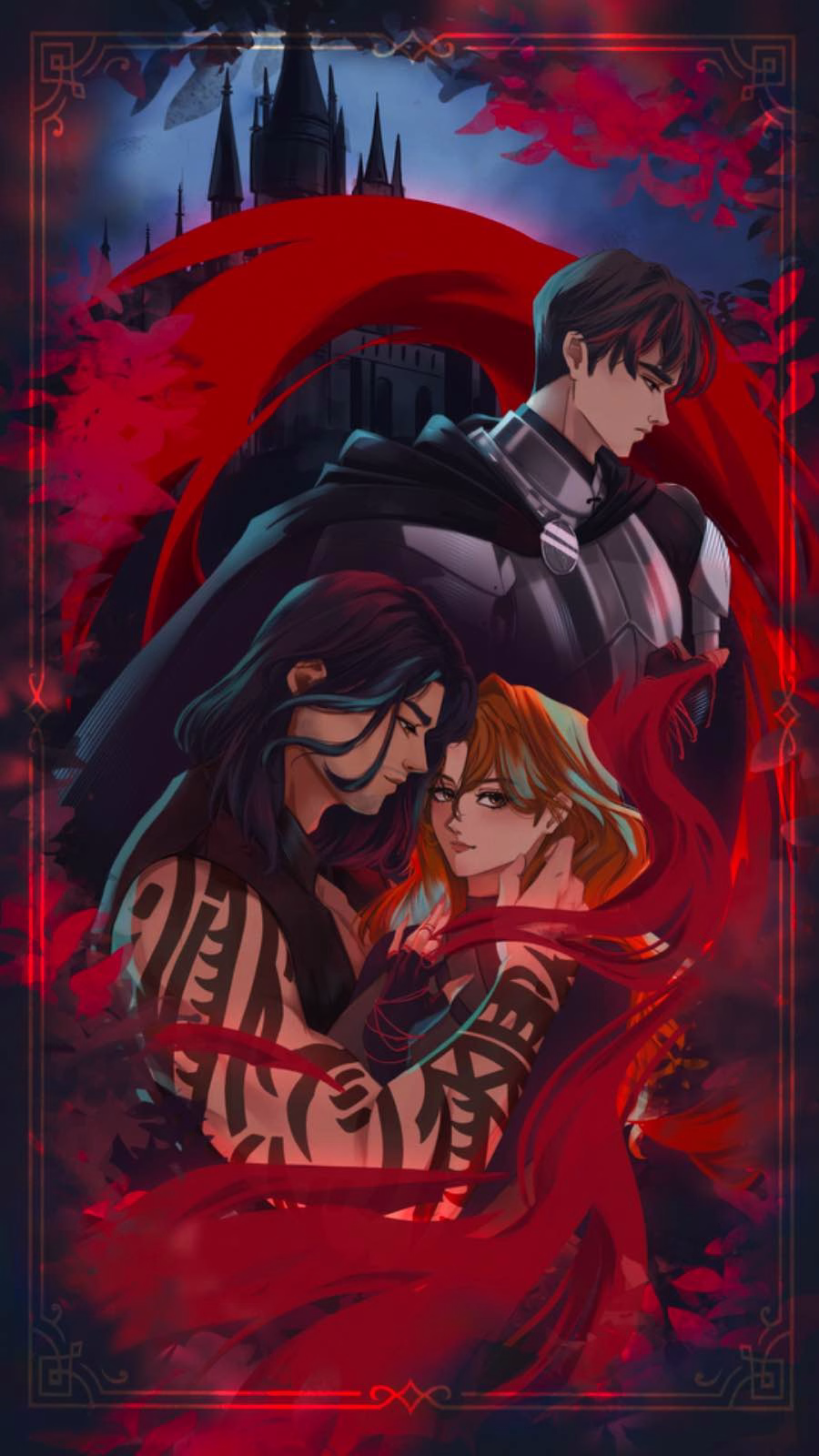 Ash & Eternity character art, a tattooed long-haired king embracing a red-haired woman as an armored knight stands before a dark castle