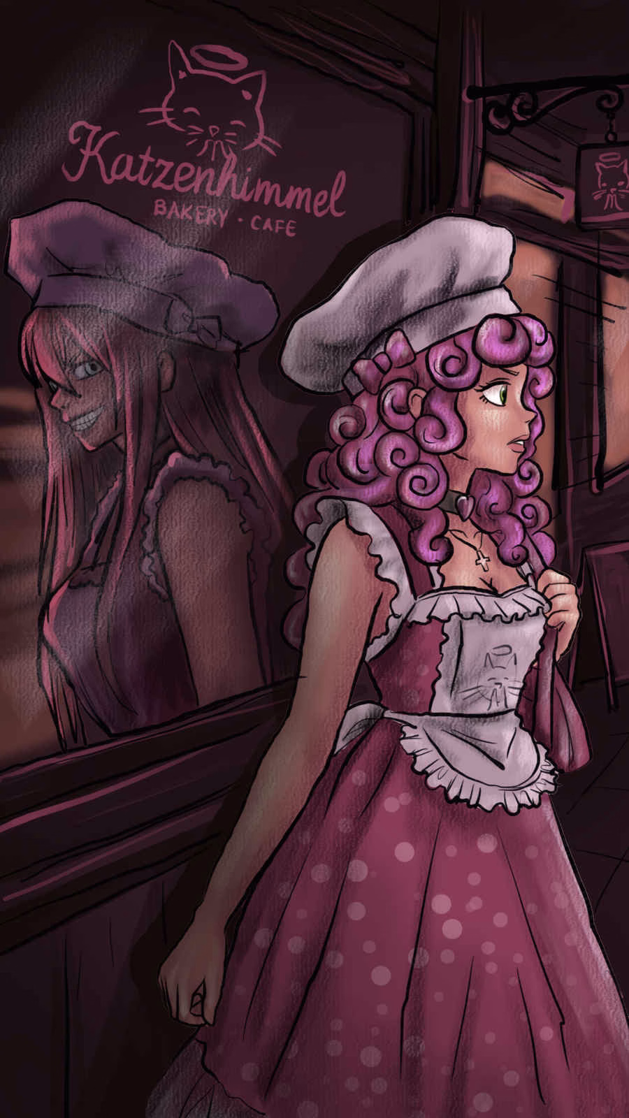 The Baker In Pink by Ze'Ro Snyde illustration of Diane in a chef's hat and polka-dot apron outside Katzenhimmel bakery cafe with her shadowy reflection in the window
